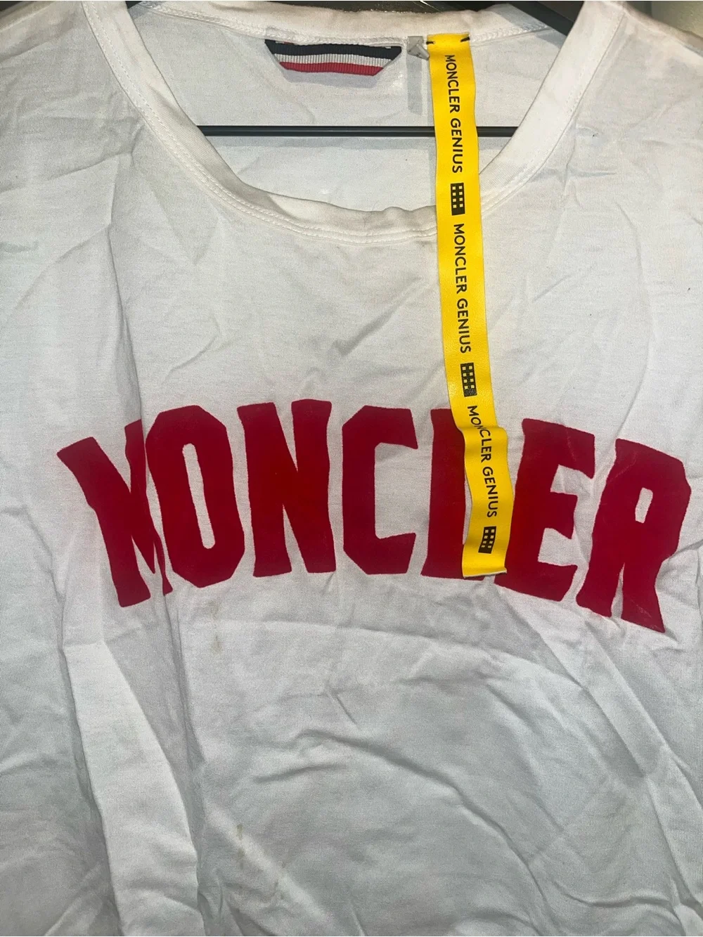 Moncler White Short Sleeve Tee with Red Chest Logo